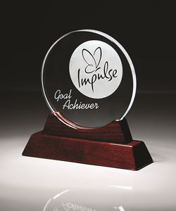 Picture of 1/2" Thick Starphire Glass Circle of Excellence on Rosewood Base