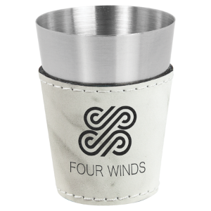 Picture of GFT1056 - 2 oz. White Marble Laserable Leatherette & Stainless Steel Shot Glass